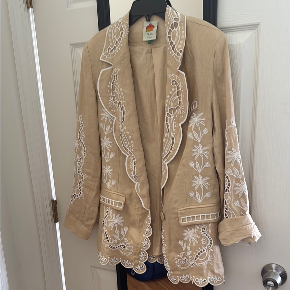 FARM Rio Tan and White Embroidered Blazer
